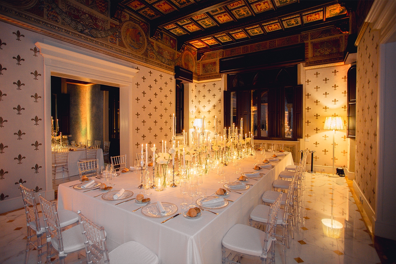 Villa Alpebella reception room prepared for a gala dinner