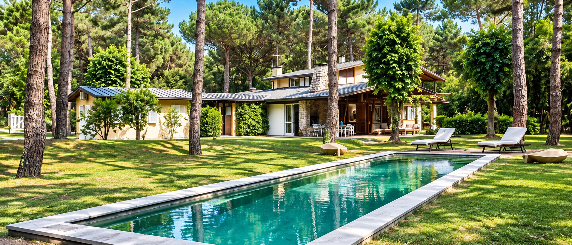 Swimming pool and Villa Passigli façade among the pines of Ronchi
